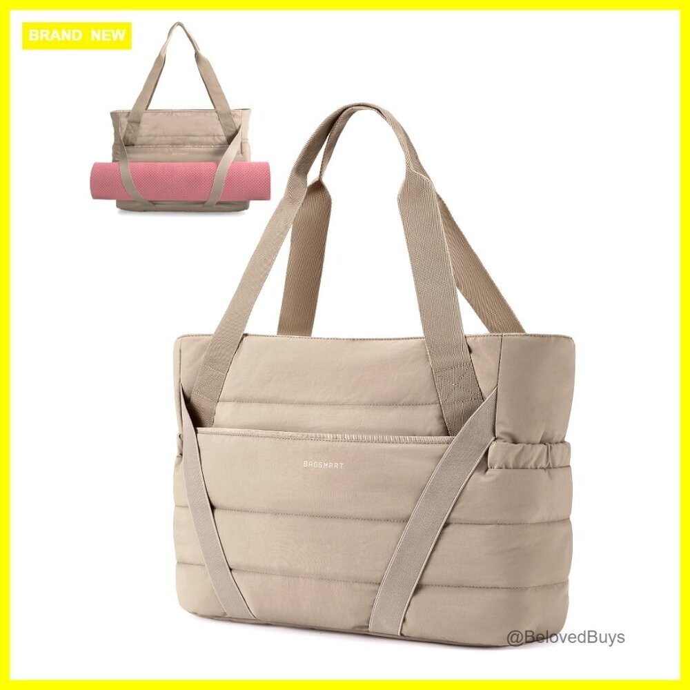 Large Nylon Tote Bag with Yoga Mat Straps, 7 Pockets, Laptop Compartment